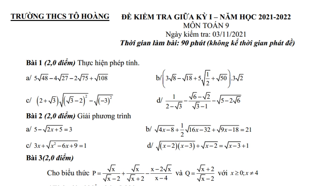 Toán 8. Đề thi giữa kỳ 1 Trường THCS Quỳnh Thiện năm học 2020-2021